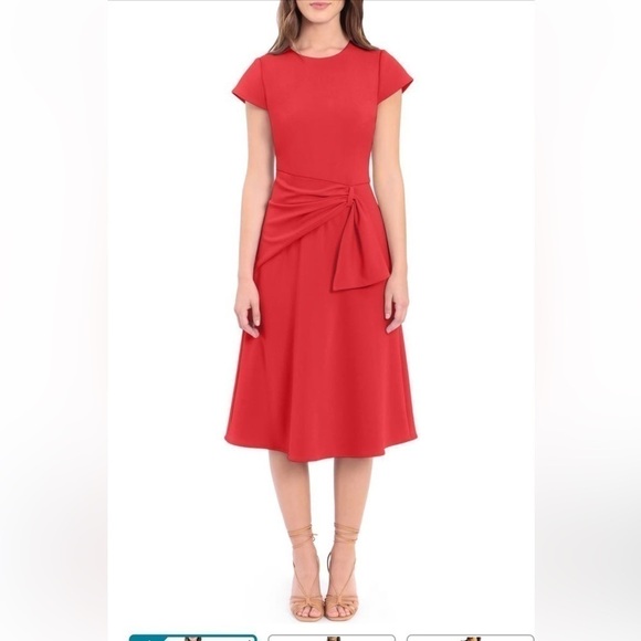 NORDSTROM Donna Morgan Twist Waist Cap Sleeve Red Midi Dress -Sz 6 - Picture 2 of 13